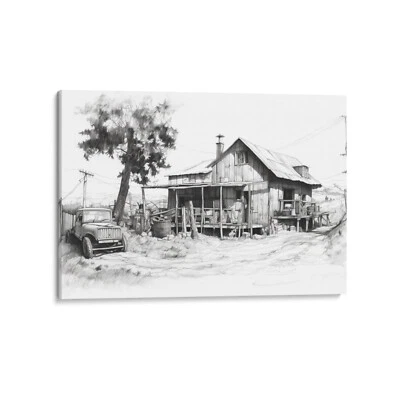 Black & White, Farmhouse, Drawing Canvas 24x36 Canvas Wall Art Print Décor - Image 1 of 4