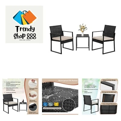 Elegant 3-Piece Rattan Conversation Set with Tempered Glass Table for Outdoors - Image 1 of 4