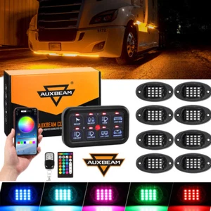 Auxbeam 8 Gang Blue Switch Panel + 8 Pods RGB LED Rock Lights bluetooth Pickup - Picture 1 of 12