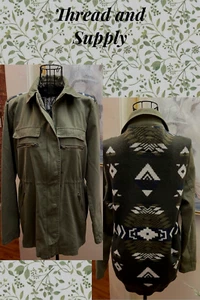 Thread & Supply Army Green Field Jacket W/Southwest Print Sweater Back-Medium - Picture 1 of 6