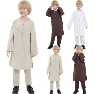 Niños Niños Dubai Árabe Manga Larga Prendas para el torso Pantalones Musulmanes Abaya Kaftan Conjunto de 2 piezas Ramadán Foto 1 de 4