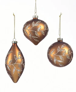 Dark Gold Glass Christmas Tree Ornaments With Glitter Design Set of 3 Shapes - Picture 1 of 4