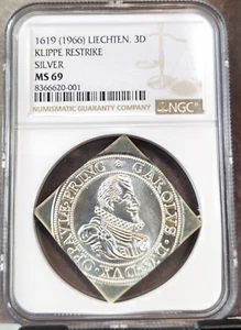 1966 LIECHTENSTEIN SILVER 3 DUCAT 3D KLIPPE RESTRIKE NGC MS 69 RARE TOP POP - Picture 1 of 3