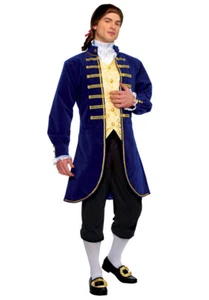Colonial Man Costume 3 Pc Royal Bl Gold & Blk Velveteen Coat/Vest Pants & Jabot - Picture 1 of 1