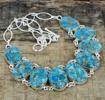 Blue Copper Turquoise Gemstone Handmade 925 Sterling Silver Necklace For Gifts - Image 1 of 4