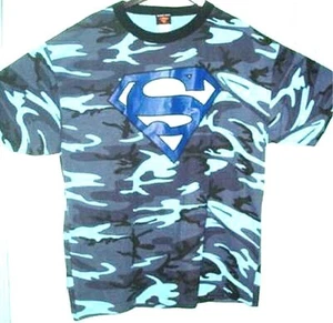 WB SUPERMAN LOGO BLUE CAMO COTTON T-SHIRT MENS MEDIUM - Picture 1 of 1