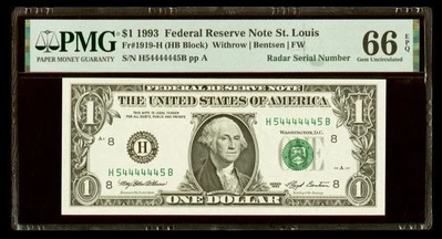 Fancy Serial Super Radar Note H54444445B 1993 $1 Dollar PMG 66 EPQ FRN St. Louis - Image 1 of 2