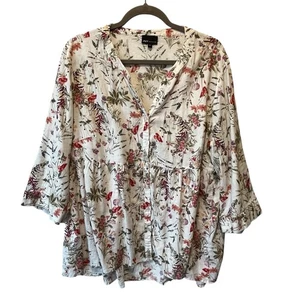 JNY Jones New York 2X Linen blend blouse Floral V-neck button up Womens top - Picture 1 of 9