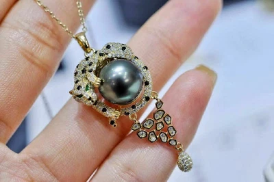 stunning AAA 9-10mm tahitian black green pearl pendant necklace 925s Foto 1 de 4