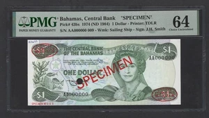 Bahamas One Dollar 1974 (ND 1984) P43bs "Specimen N.009" UNC Grade 64 Top Pop - Picture 1 of 2