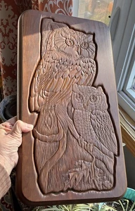 Vintage Eule mit Baby sitzend im Ahornbaum geschnitzt Holz Holz Wandbehang Natur - Bild 1 von 6