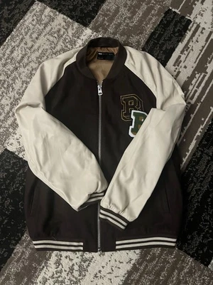 Varsity Style Brown and Beige Y2K American Bomber Jacket - Image 1 of 4