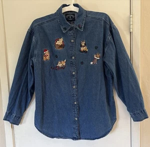 Solutions Original Embroidered Orange Holiday Kitties Cat Denim Shirt Size Med - Picture 1 of 9