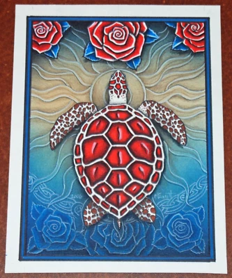 Michael Everett Original Art Red Sea Turtle 2007 Grateful Dead Blue Rose & Sun - Image 1 of 4