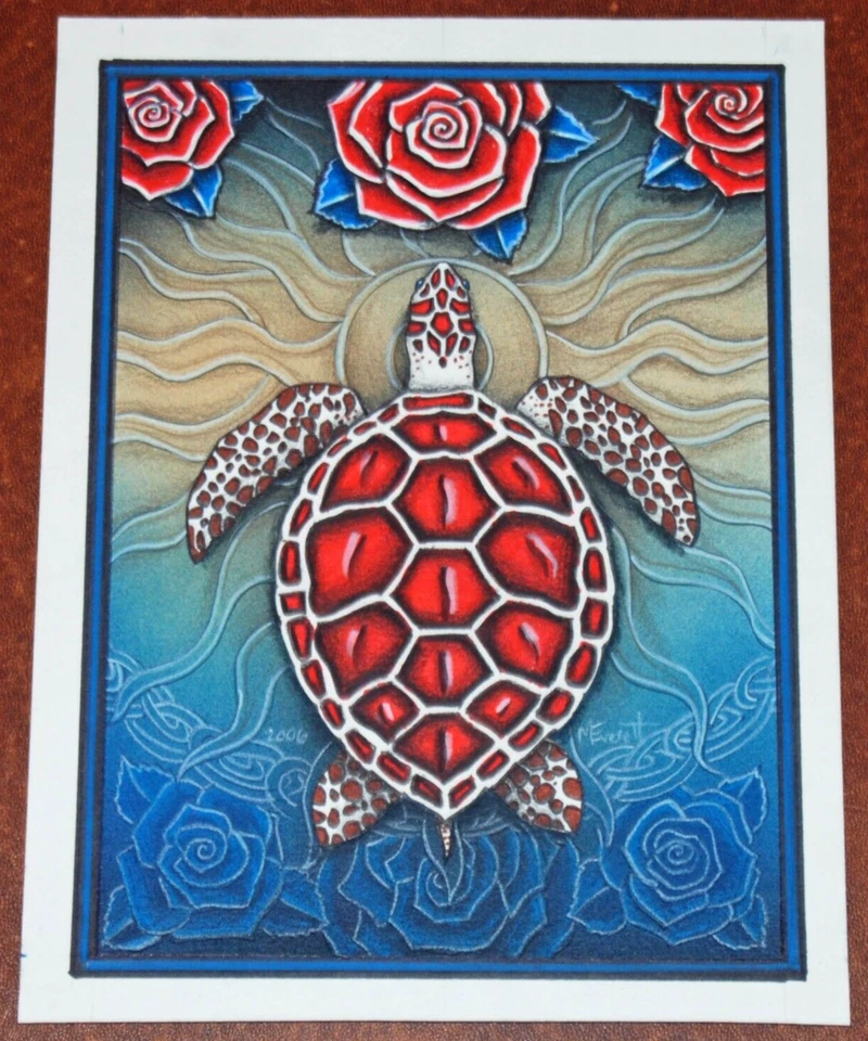 Michael Everett Original Art Red Sea Turtle 2007 Grateful Dead Blue Rose & Sun - Image 1 of 4