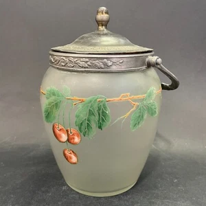 Pot à biscuits en verre peint émaillé à décor de cerises (H : 19 cm) - Picture 1 of 11