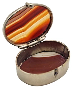 ANTIQUE Sterling Silver / Agate Oval Pill Box - Picture 1 of 6