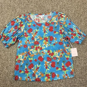 LC Lauren Conrad Top Womens Medium Floral Puff Sleeve Scoop Neck Casual Pullover - Picture 1 of 12