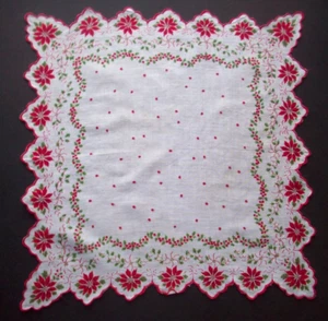 Weihnachten Vintage Taschentuch Taschentuch Stechpalme Weihnachtsstern Jakobsmuschelrand *D - Bild 1 von 3