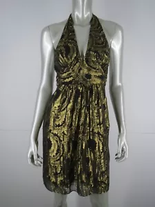 Milly Dress Sz 2 XS Black Gold Metallic Lame Silk Floral Halter Deep V Fit Flare - Picture 1 of 12