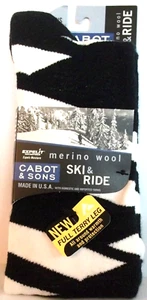 CABOT & SONS Ride/Ski Socks Men BLACK/WHITE Sz 10-13, Merino Wool Blend, NEW - Picture 1 of 2
