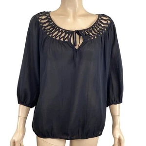 Trina Turk Black Blouse Lattice Lace Neck Size Large Balloon 3/4 Sleeves - Picture 1 of 8
