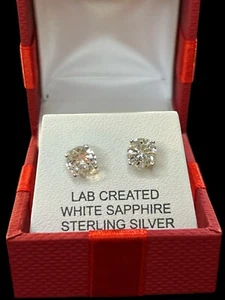 Weiße Saphir Ohrringe Ohrstecker mit Sterling Silber Lab Created Rund NEU - Bild 1 von 3