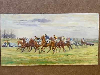 Oil Painting Horseracing Racehorses Holderness Point to Point Dalton Park - Image 1 of 4