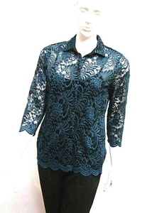 MARKS & SPENCER PER UNA TEAL BLACK STRETCH FLORAL LACE BLOUSE / SHIRT Size 12 - Picture 1 of 5