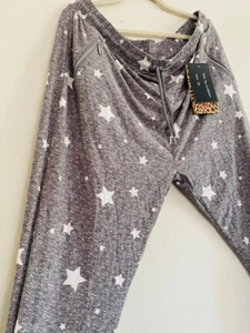 1X/2X New Gray Heather White Stars Print Stretchy Knit Track Sweat Pants - Picture 1 of 14