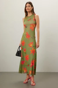 Fuzzi Abito Dress Green Orange Floral Butterfly Sleeveless Size L $650 - Picture 1 of 11