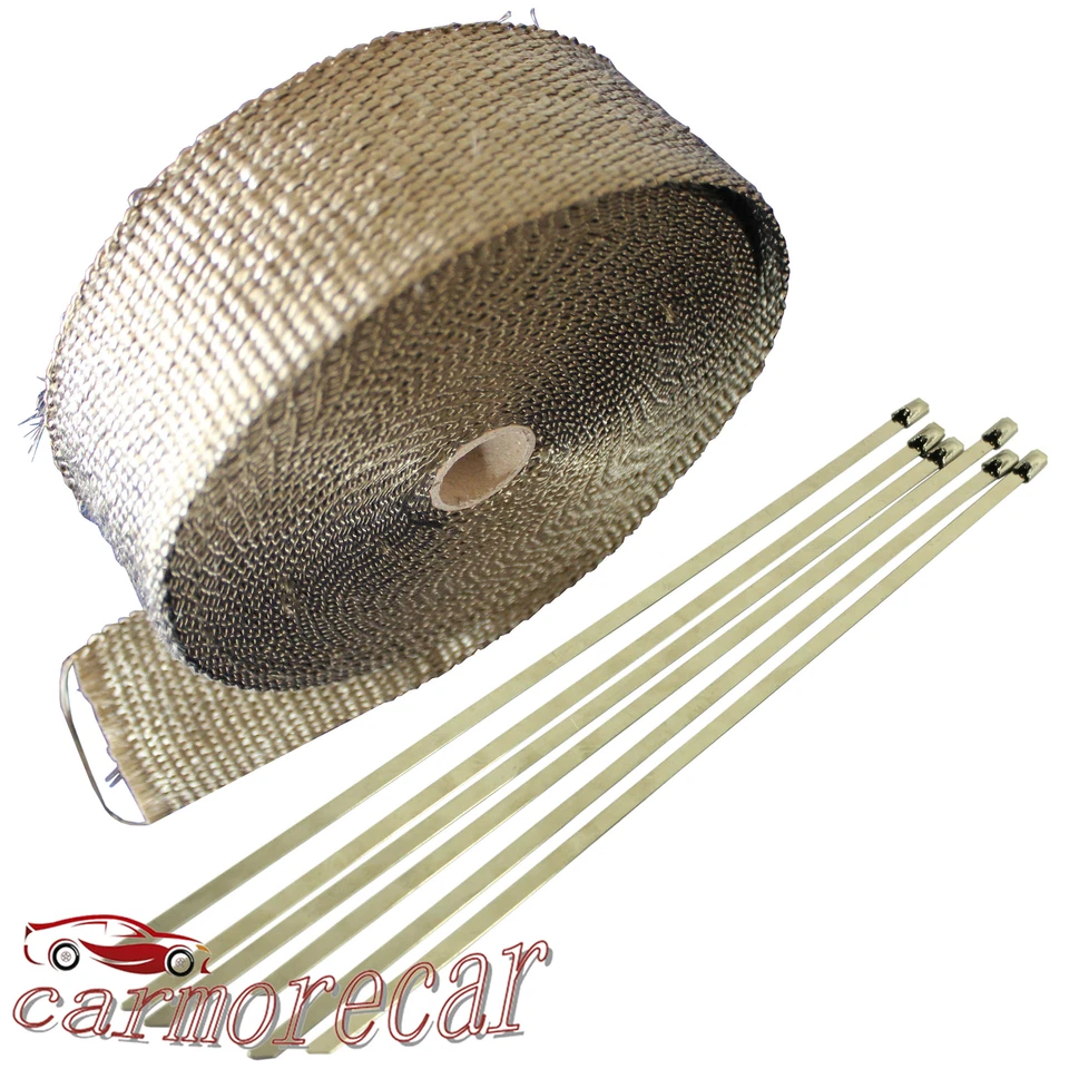 Cinta de envoltura térmica para tubo de cabezal de escape + kit de 6 lazos rollo de fibra de vidrio de titanio de 2" 50 pies Foto 1 de 4