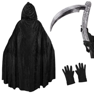 GRIM REAPER HALLOWEEN FANCY DRESS COSTUME SET BLACK VELOUR CAPE SCYTHE GLOVES - Picture 1 of 6