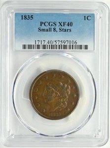 1835 CORONET HEAD LARGE CENT SMALL 8, STARS 1C PCGS XF 40 - Picture 1 of 2
