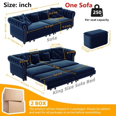 Sleeper Sofa w/Pull Out Bed, Convertible Chesterfield Sofa Couch King Size Bed - Image 1 of 4