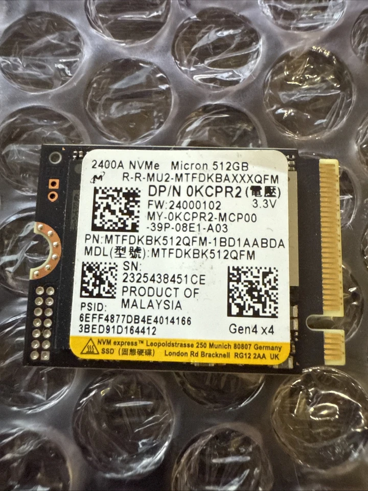 Micron 2400 512GB NVMe Gen4 M.2 2230 SSD MTFDKBK512QFM Dell 0KCPR2 – Tested - Image 1 of 1