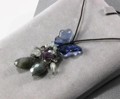 LALIQUE BLUE CRYSTAL MIXED GEMSTONES PAPILLON BUTTERFLY NECKLACE PENDANT - Image 1 of 4