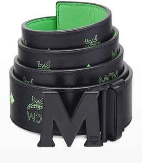 REVERSIBLE BLACK/GREEN MCM LEATHER BELT WITH BLACK "M" BUCKLE
