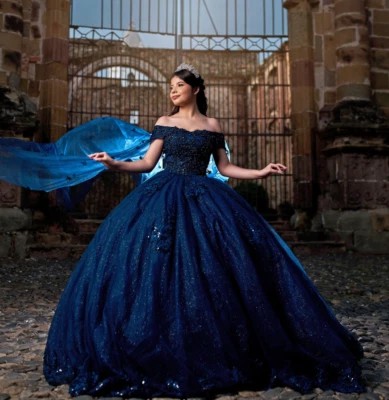 Navy Blue Quinceanera Dresses with Cape Off the Shoulder Sweet 15 16 Ball Gowns - Image 1 of 4