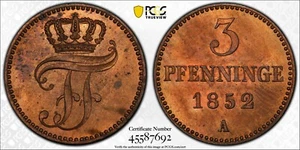 1852 A Mecklenburg Schwerin 3 Pfennig PCGS MS64 RB Top Pop 1/0 Red Brown - Picture 1 of 4