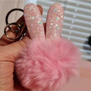 Adorable Baby Pink Sparkle Bunny Ear Bag Charm/Keychain Faux Fur Puff Brand New - Picture 1 of 4