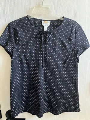 Talbot's Petites блузка 12P темно-синий 100% шелк белые точки замочная скважина шеи с галстук S/S EUC - Изображение 1 из 4