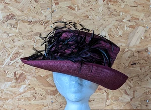 Walter Wright Wedding Hat Red Black Fine Stripe Black Feathers Silk & Sinamay - Picture 1 of 11