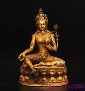 4"old Tibetan Buddhism Red copper Gilt Green Tara Kwan-yin Goddess Buddha Statue - Picture 1 of 9