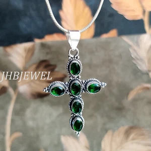 Chrome Diopside Gemstone 925 Sterling Silver Cross Religious Keepsake Pendant - Picture 1 of 6