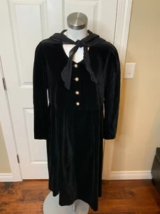 Laura Ashley Vintage Black Velvet Long Sleeve Pearl Button Tie Neck Dress Sz 10 - Picture 1 of 5