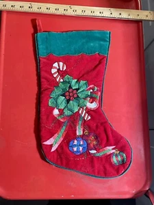 Vintage Embroidered Red Velvet Christmas Stocking Candy Cane Holly Ornaments - Picture 1 of 6