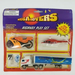 VTG Mega Movers Highway Play Set Die-Cast Truck Motorcycle Helicopter + Sign NEW - Picture 1 of 9
