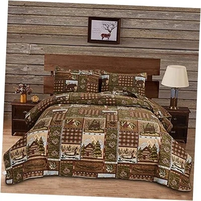  小屋床上用品被子特大号小屋拼贴特大号(108"x96”)巧克力蓝色 — 第 1/4 张图片