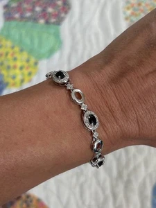 Sterling 925 Silver Dark Blue Sapphire Tennis Bracelet - Picture 1 of 7
